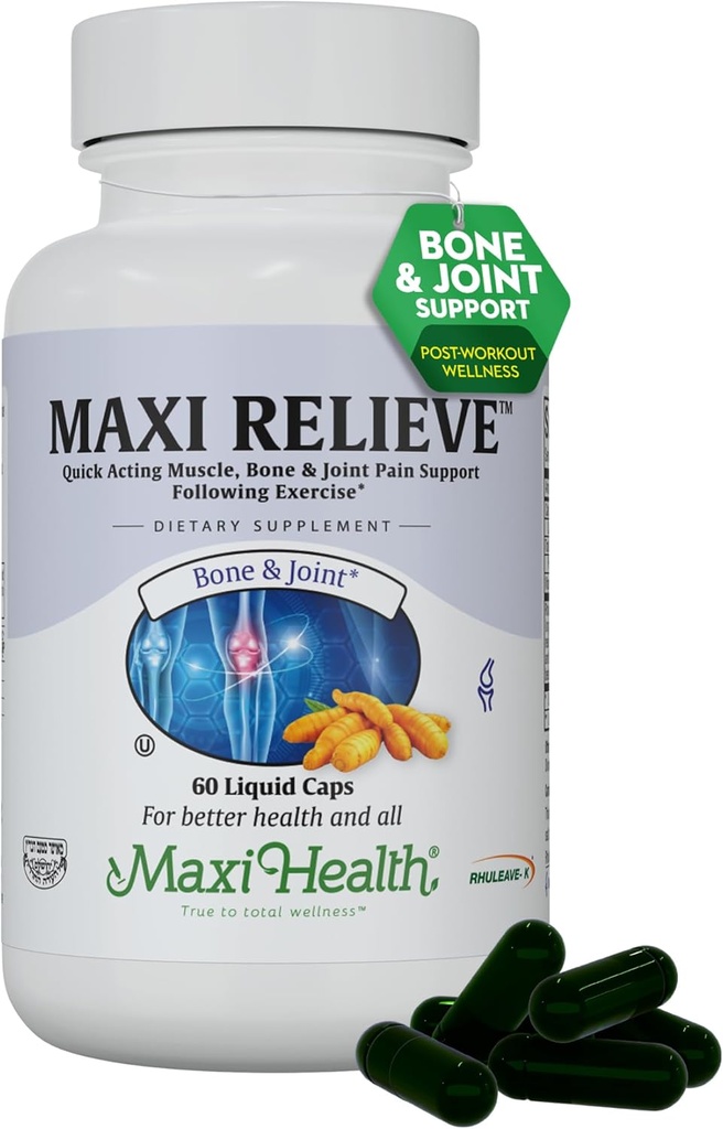 Maxi Health Relieve Joint Support Supplement with Turmeric and Boswellia Serrata, Quick-Acting Support After Exercise, Vegetarian Non-GMO Bone & Joint Health Supplement for Men & Women, 60 Capsules
