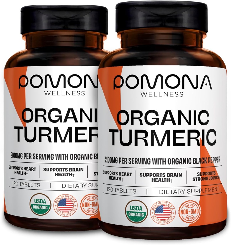 Pomona Wellness Organik Turmeric Supplement 2100 mg, USDA Organik, Non-GMO, Vegan, Turmeric Curcumin with Black Pepper for Abpole, for Joint Support and Immunity, 240 Tablet (2 Paket)