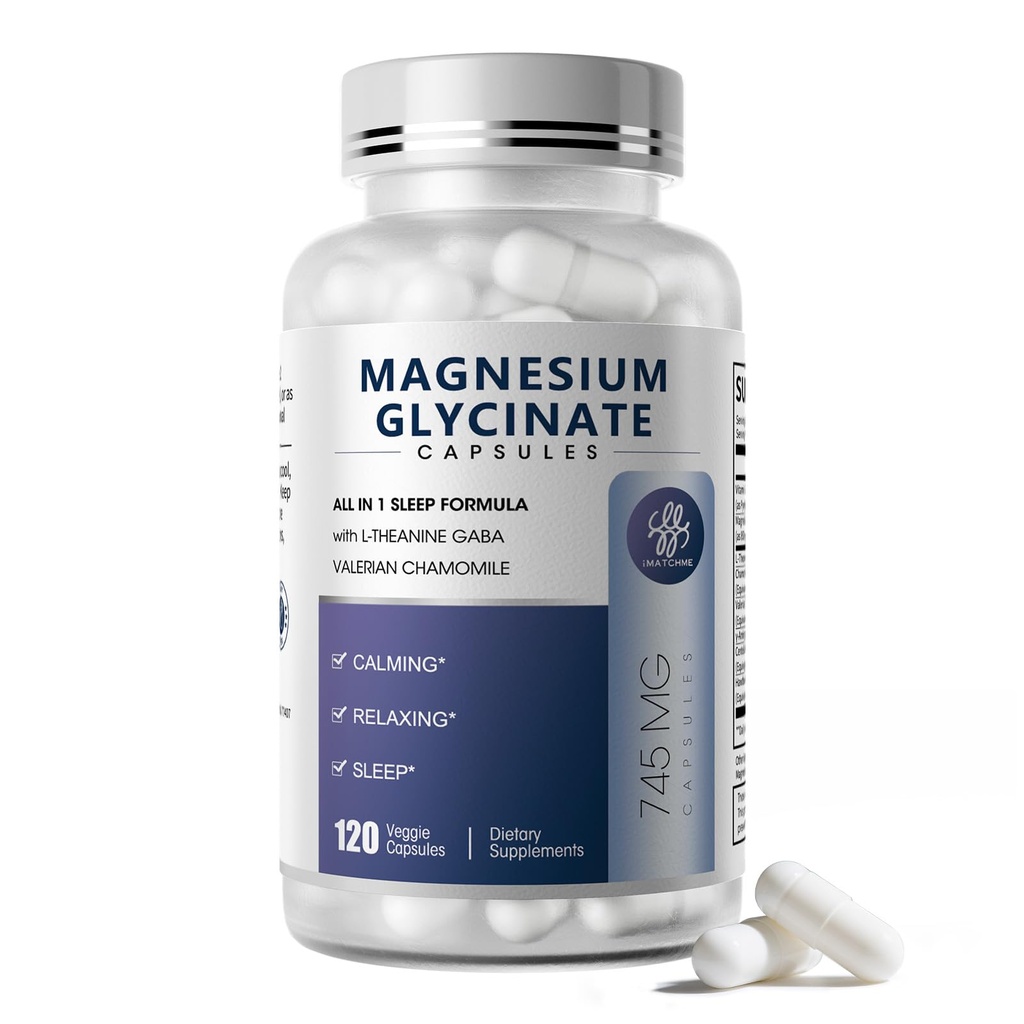 iMATCHME Magnesium Glycinate 850mg Capsules with L-Theanine, Chamomile & GABA for Sleep, Calmness, Muscle, Bone Health & Immune Support, Magnesium for Women and Men, Vegan, High-Absorption, 120 Count