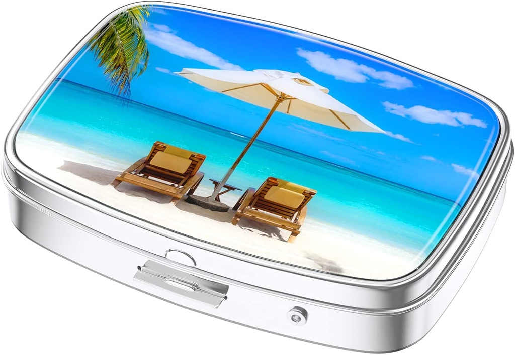 Nipichsha Pill Box, Küçük Pill Case for Purse & Pocket, Cute Travel Medicine Organizer, Portatif Tıp Konteynerleri Vitaminleri, İlaçları, Fish Oil & Supplements, Happy Beach