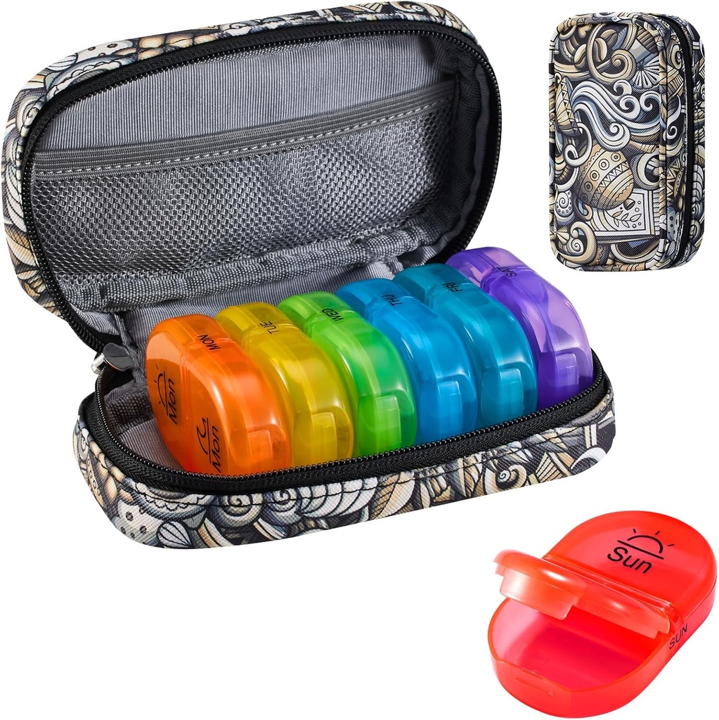 Serfeymi Haftalık Seyahat Pill Organizer 2 Times A Day AM PM Yükseltd Rainbow Pill Box 7 Day with Portatif Ambalaj Deri Pill Case, Medicine Organizer for Pills, Vitamins, Fish Oils - Brown 03