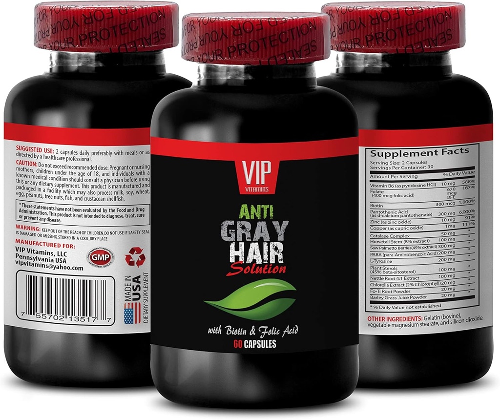Rejuvenation Beauty - Gray Hair Solution - με BIOTIN & FOLIC Acid - τσουκνίδες κάψουλες, paba συμπλήρωμα, Gray Hair Supplement, folate συμπλήρωμα για τις γυναίκες, Βιταμίνες για Gray Hair Reversal, 1B 60 Caps