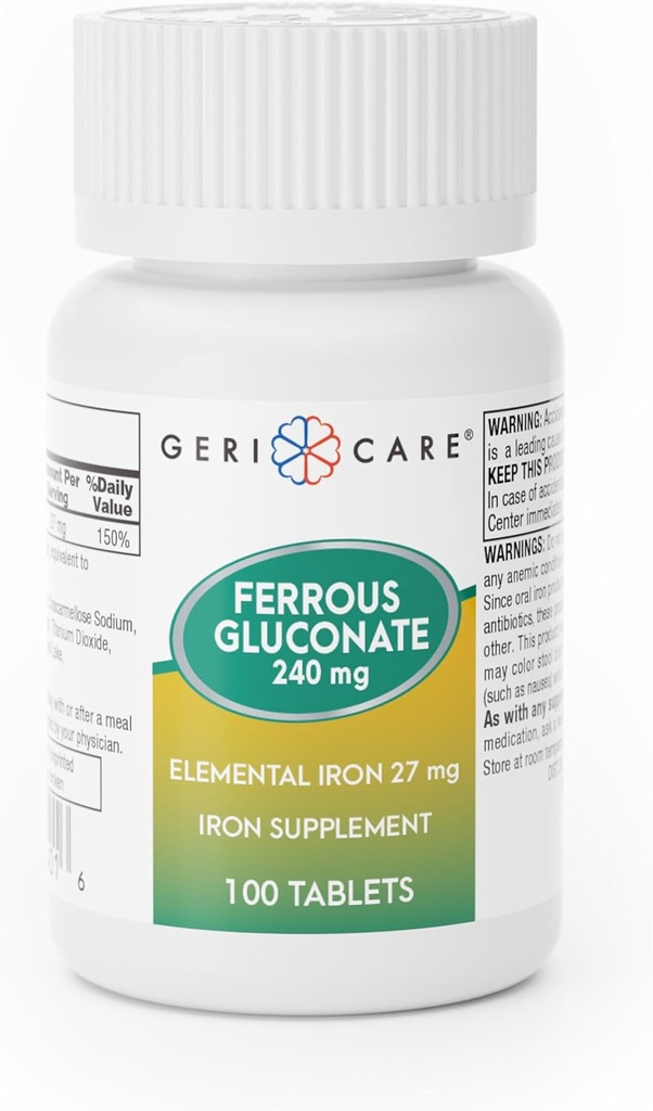 Gericare Iron 27mg Ferrous Gluconate 240mg, Iron & Energy Supplement, 100 Count (Pack of 1)