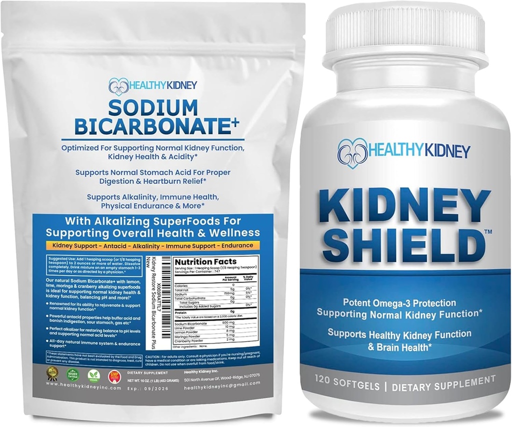Organik sodyum Bikarbonat alkalin Supplement Sche: 1LB Toz for alkalinity, Acid Neutralizer & Kidney Support + 120 Caps Kidney Shield for Kidney Health, Cleanse & Omega 3