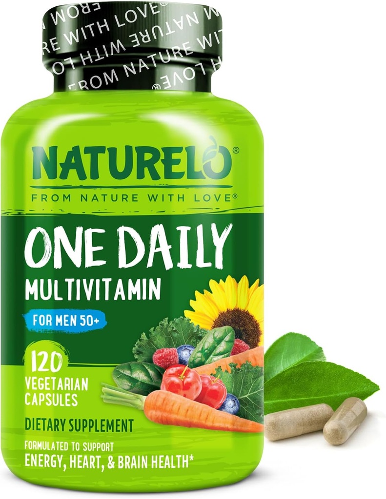 NATURELO Mens Πολυβιταμίνες για Άνδρες 50+ - Μία Καθημερινή Πολυβιταμίνη για Άνδρες με Βιταμίνες, Ορυκτά & Βιολογικά Ολόκληρα Τρόφιμα, Ενίσχυση Ενέργειας & Υγείας, Μη-ΓΤΟ, 120 Καψάκια Χορτοφαγών