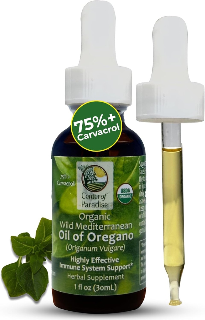 Paradise Wild Mediterranean Oil of Oregano'nun %75+ Carvacrol (1 fl oz) sertifikalı Oregano Oil Organic Drops in Extra Virgin Olive Oil for Immune* & Respiratory* Support, Approx 450 Servisleri