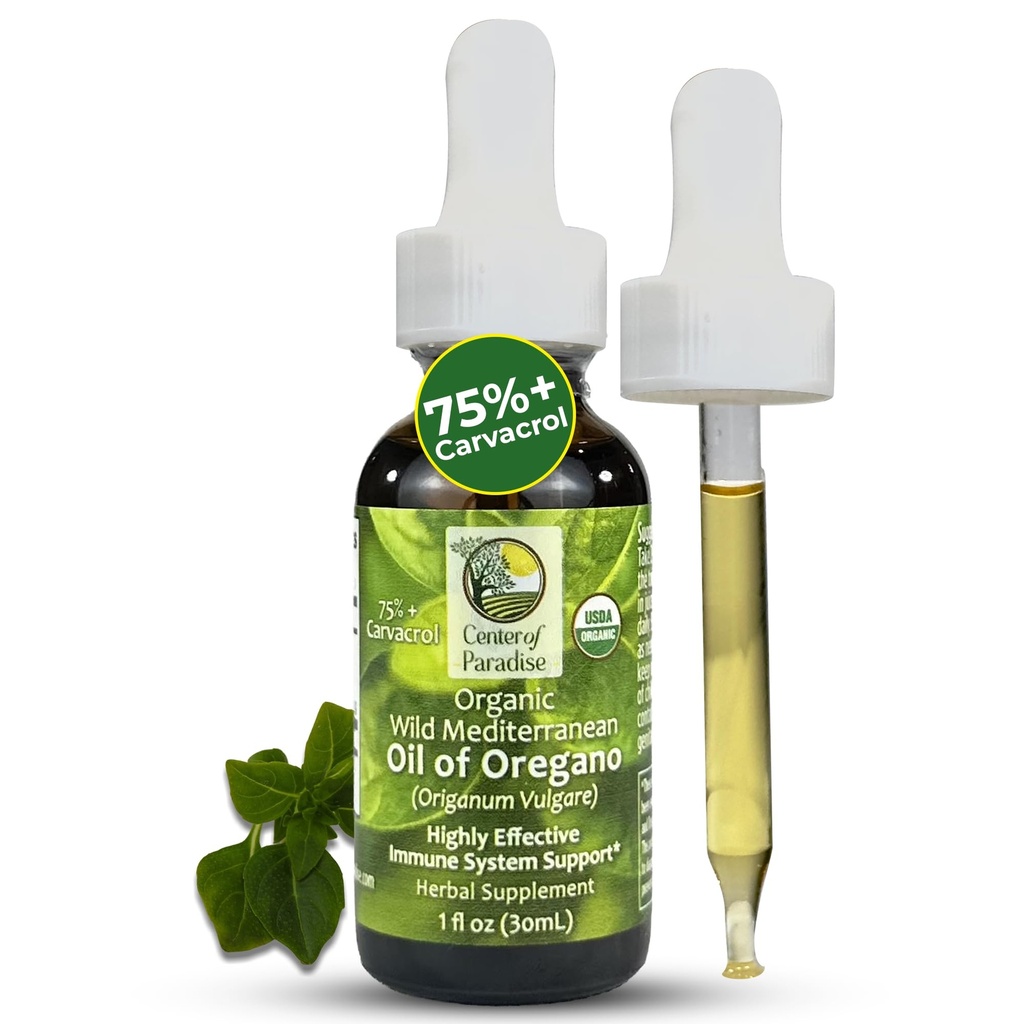 Paradise Wild Mediterranean Oil of Oregano'nun %75+ Carvacrol (1 fl oz) sertifikalı Oregano Oil Organic Drops in Extra Virgin Olive Oil for Immune* & Respiratory* Support, Approx 450 Servisleri