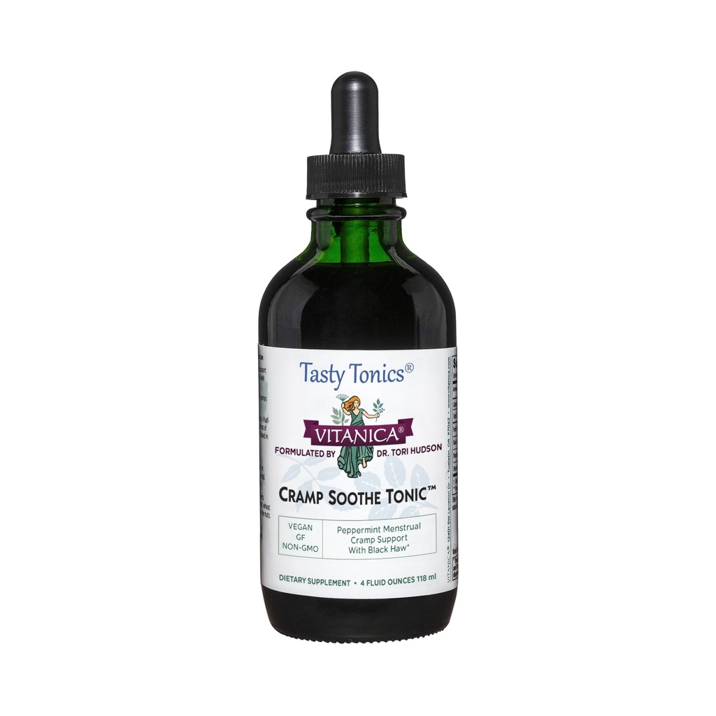 Vitanica Cramp Soothe Tonic, Dr Formulated Menstrual Cramp Support, Black Haw Bark, Valerian Root, Ginger Root ve Garrya Herb, Alkol Free, Vegan, 4 Ounce