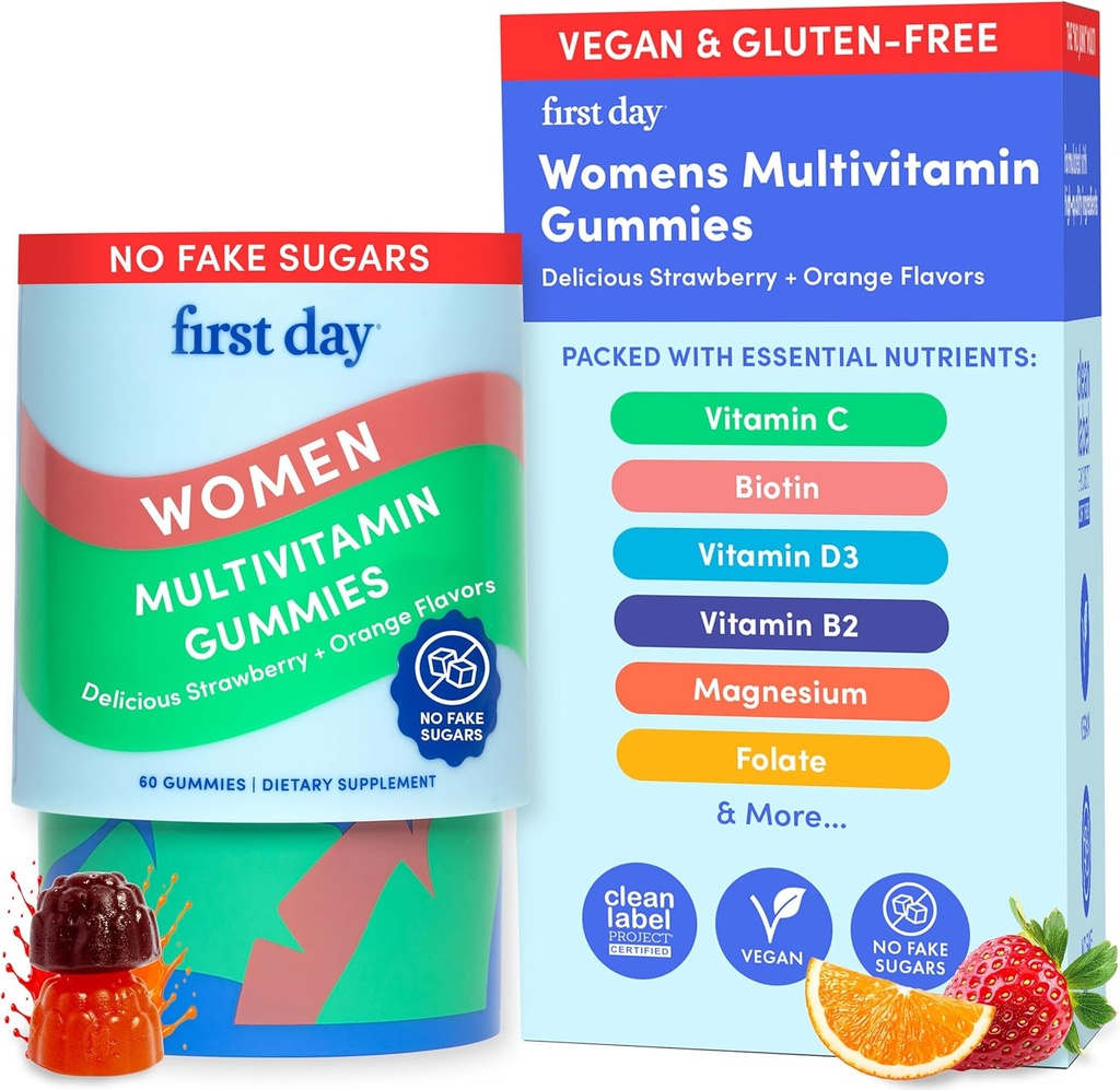 FIRST DAY Multivitamin for Women - Daily Womens Multivitamin Gummies - Vitamin A C D E B12, Magnesium, Zinc, Biotin – Vegan, Gluten Free Womens Vitamins - Hair Growth, Skin, Energy – 30 Day Supply
