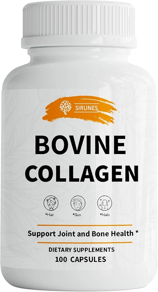 SIRUNES Bovine Collagen Συμπληρώματα για τους άνδρες και τις γυναίκες Ι Υδρολυμένο χόρτο Fed Bovine Collagen Peptides Συμπλήρωμα διατροφής για την κοινή, νευρωνική και οστική υποστήριξη - μη ΓΤΟ, κατά της γήρανσης - 100 κάψουλες