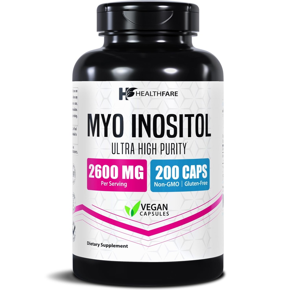 Healthfare Myo Inositol Supplement, 2600 mg | 200 Veg Capsules | Ultra Güçlü | Kadınlar için Sağlıklı Ovarian Desteği | Kadınlar için B8 Vitamini