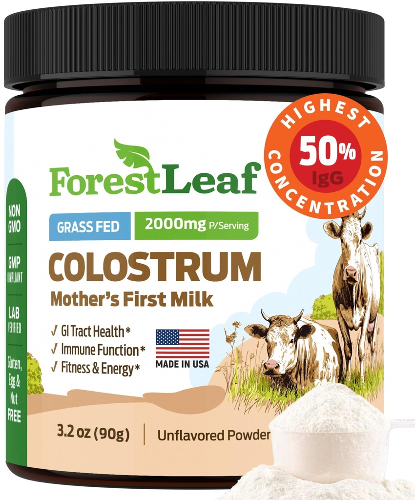 ForestLeaf Colostrum Powder 50% IgG Υψηλότερη καθαρή συγκέντρωση, Grass Fed Colostrum συμπλήρωμα για την υγεία των ούρων, ανοσοποιητική υποστήριξη και την αποκατάσταση των μυών, Βοοειδή Colostrum για τους ανθρώπους, Άγευστο, 45 υπηρεσίες