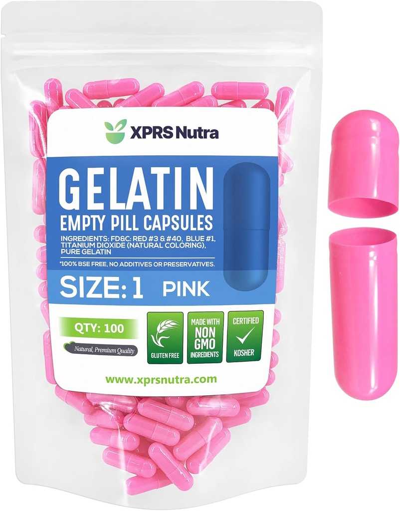 XPRS Nutra Μέγεθος 1 Κενές κάψουλες - 100 Count Empty Gelatin Κάψουλες - Χάπια για DIY Καψάκιο Γέμισμα - Pure Bovine Pill Gel Caps για Do-It-Yourself Συμπληρώματα (Pink)