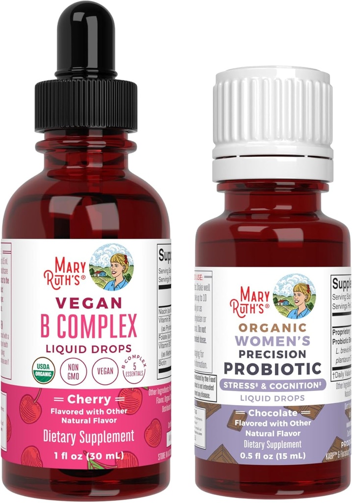 MaryRuth Organics Stress & Cognition Probiyotik (Chocolate) for Women & B Complex Drops | USDA Organic, Clean Label Project  Valid® | Vitamins for Relaxation, Metabolism, & Health | Vegan, Gluten