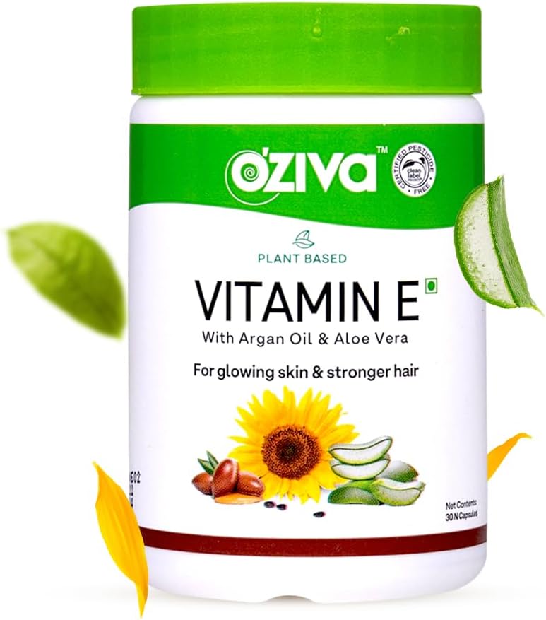 OZiva Plant Based 100% Natural Vitamin E + Aloe Vera + Argan Oil for Glowing Skin & Stronger Hair, 30 Veg Capsules, Non GMO
