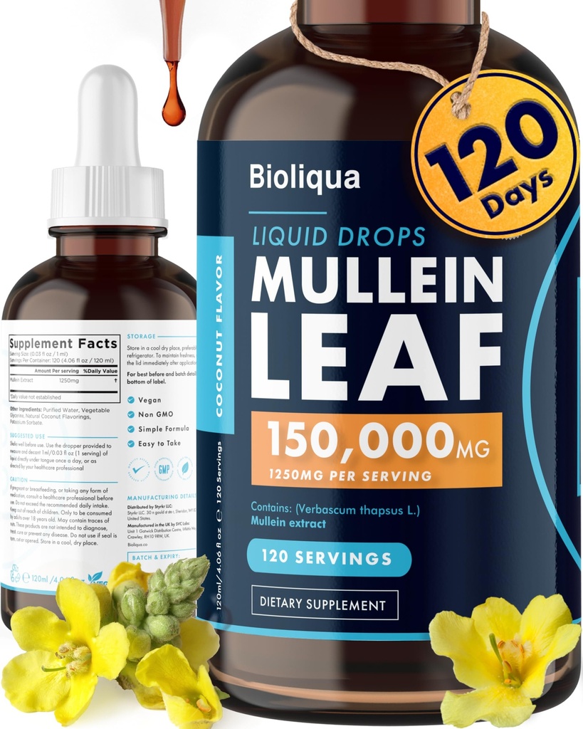 Bioliqua Mullein Drops for Lungs - High Strength of 150.000 mg per 4fl oz Tincture - 120 Dose başına 1,250 mg - Lung Detox & Bronchial Cleanse - Coconut Flavour