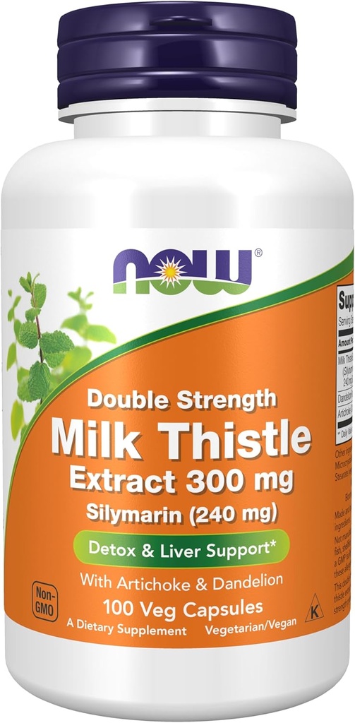 NOW Συμπληρώματα τροφίμων, Silymarin Milk Thistle Extract 300 mg με Artichoke και Dandelion, Διπλή Δύναμη, Υποστηρίζει τη λειτουργία του ήπατος *, 100 κάψουλες Veg