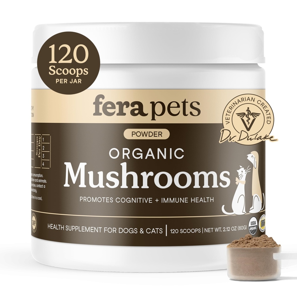 Fera Pets Mushroom Supplement for Dogs & Cats with Turkey Tail - USDA Organic - Γνωστική και Ανοσολογική Υποστήριξη - Ενισχύει τη λειτουργία του ήπατος - Υποστηρίζει μια υγιή κόγχη - σκόνη - 120 Σκουπίδια