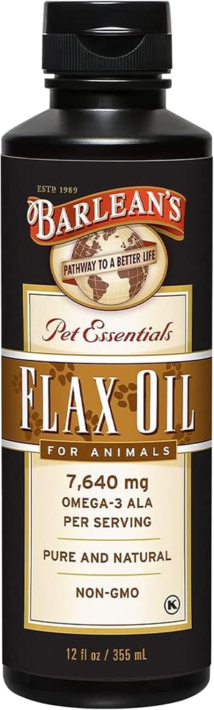 Barlean's Flaxseed Oil for animals, Pet Essential Liquid Omega 3 Fatty Acids Cat ve Dog Oil Supplements for Skin and Coat, Omega 3 for Dogs, Cats and Other Pets, 12 ozz