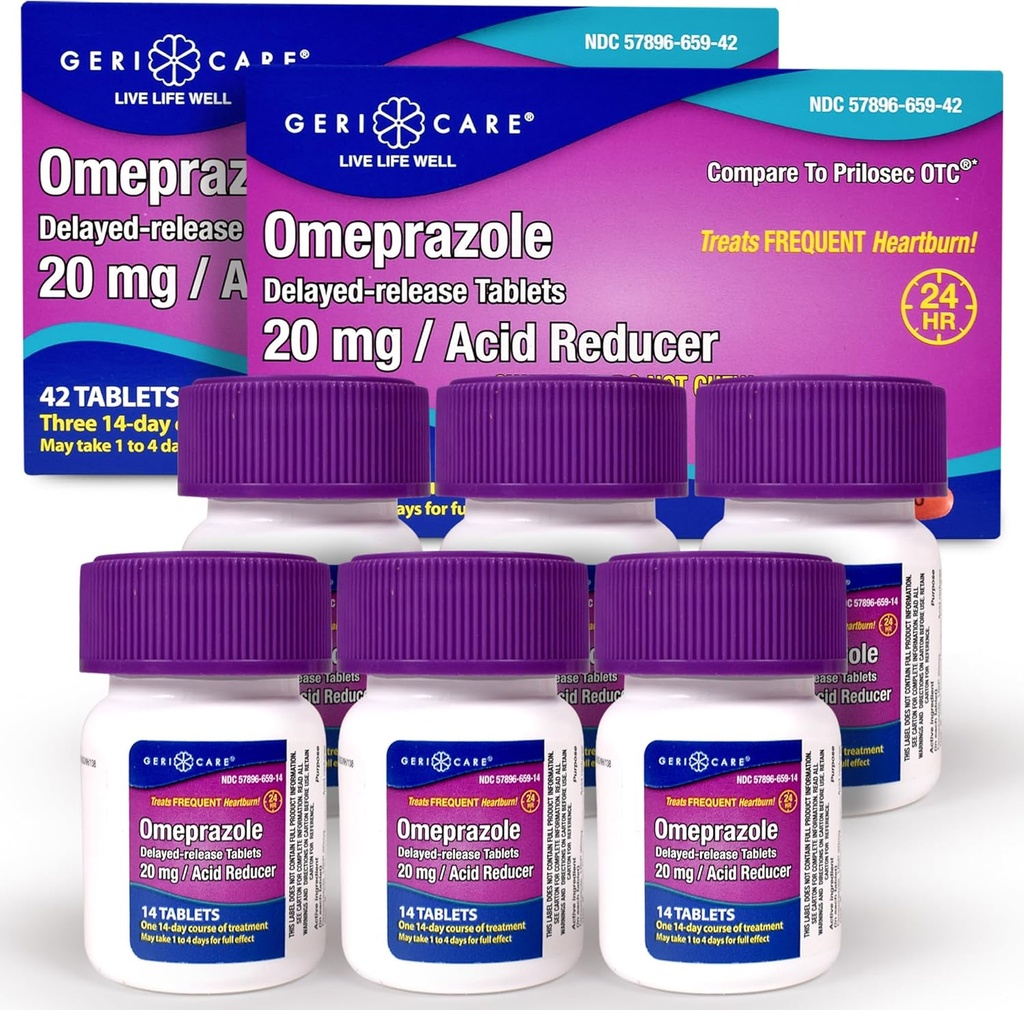 GeriCare Omeprazole Δισκία καθυστερημένης αποδέσμευσης 20mg χάπια μειωτήρα οξέος στομάχου για 24 ώρες ανάνηψης οξέος- αναρρόφησης οξέος για τη θεραπεία των συχνών δισκίων ανακούφισης από εγκαύματα - αντιασθένειες 42 κόμης (2 συσκευασία)