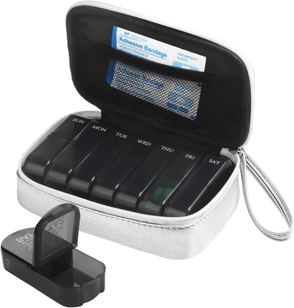 Haftalık PU Deri Pill Bag Organizer Case 2 Times a Day, AM PM Daily Pill Box to Hold Vitamin, Fish Oil, Supplements and Medicine (Silver)