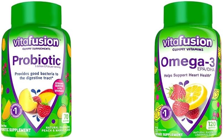 Vitafüzyon Probiyotik Gummy Supplements, Raspberry, Peach ve Mango Flavors & Omega-3 Gummy Vitamins, Berry Lemonade Flavored, Heart Health Vitamins (1) with Omega Omega