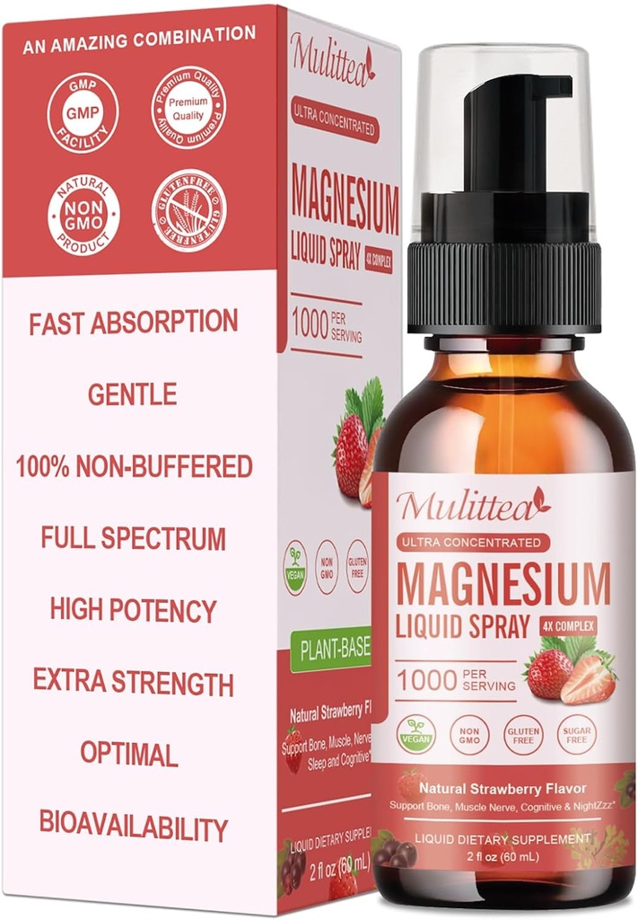 Magnezyum Glycinate Sıvı Kombine Citrate Oksit & Malate, tüm Magnezyum Vitamini, L-Theanine, D3K2, B6 for Heart, Leg Cramps,Muscles &Energy-Free Strawberry Flavor, 2 Fl Oz