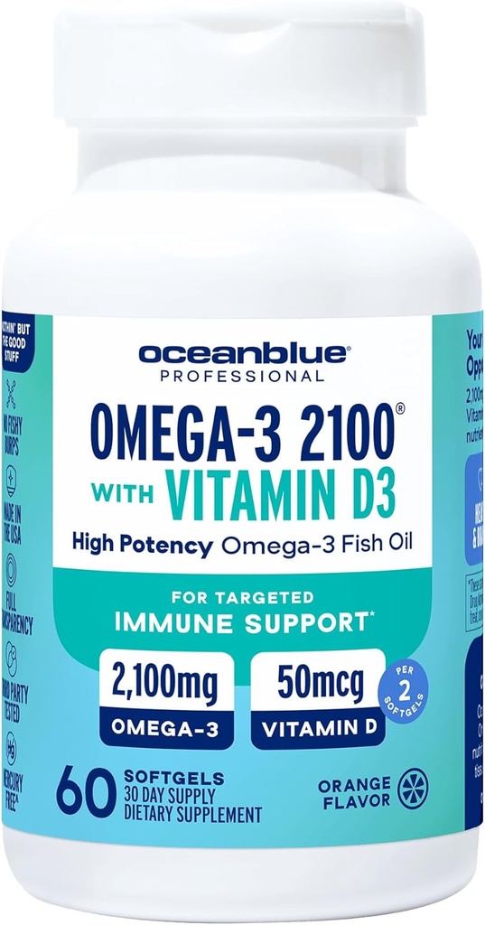 Oceanblue Professional Omega-3 2100 με Βιταμίνη D3 – 60 ct – Τρίκλινη Δύναμη Burpless Fish Oil Συμπλήρωμα με υψηλής ισχύος EPA, DHA, DPA και βιταμίνη D3 – Wild-Caught – Orange Flavor (30 Servings)