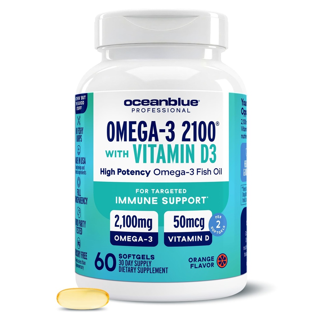 Oceanblue Professional Omega-3 2100 with Vitamin D3 – 60 ct – Triple Strength Burpless Fish Oil Supplement with High-Potency EPA, DHA, DPA ve Vitamin D3 – Wild-Caught – Orange Flavor (30 hizmet)
