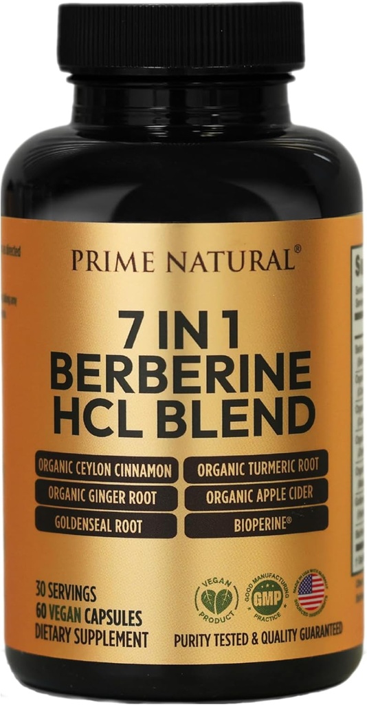 PRIME NATURAL Berberine HCl 600mg Βιολογική Κεϋλάνη Κανέλα 400mg Βιολογική Κουρκουμάς 200mg Βιολογικό Τζίντζερ 130mg Βιολογικό Μηλίτη Μηλίτη Ξίδι 65mg Goldenseal Root 6.5mg Bioperine 3mg 