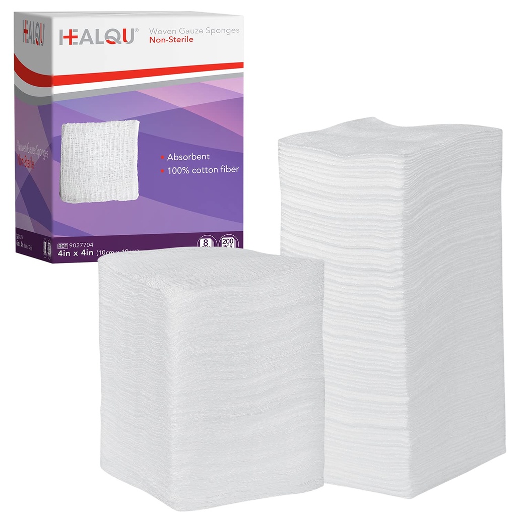 HEALQU 4x4 Gauze Pads - 12 Ply Woven paketi 200 - Ultra Absorbent Soft Non-Sterile Surgery Sponges for Yara Giyinme, Debridement, Temizlik ve Prepping