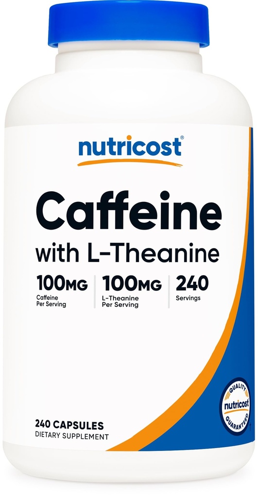 Nutricost καφεΐνη με L-Θεανίνη, 100mg κάθε, 240 κάψουλες, 240 σέρβις - Μη ΓΤΟ και Χωρίς Γλουτένη
