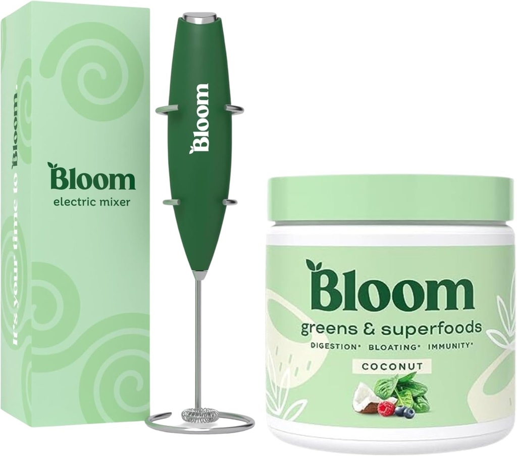 Bloom Nutrition Superfood Greens Powder, Digestive Ένζυμα με Προβιοτικά και Πρεβιοτικά, Υγεία των Ούλων, Ανακούφιση, Καρύδα + Γάλα Frother υψηλής ισχύος Mixer χέρι