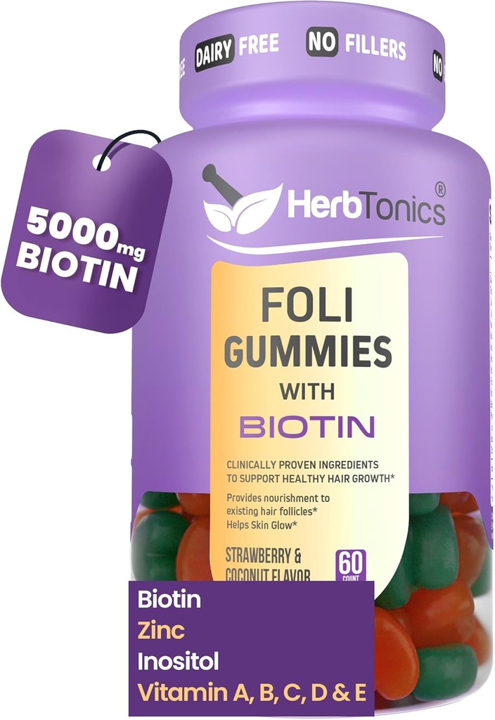 Herbtonics Foli Biotin Gummies with Hair Vitamins | Saç Büyüme Tamam for Women & Men | Saç, Skin and Nails Vitamins Sugarfree Gummies for Women | 60 Count