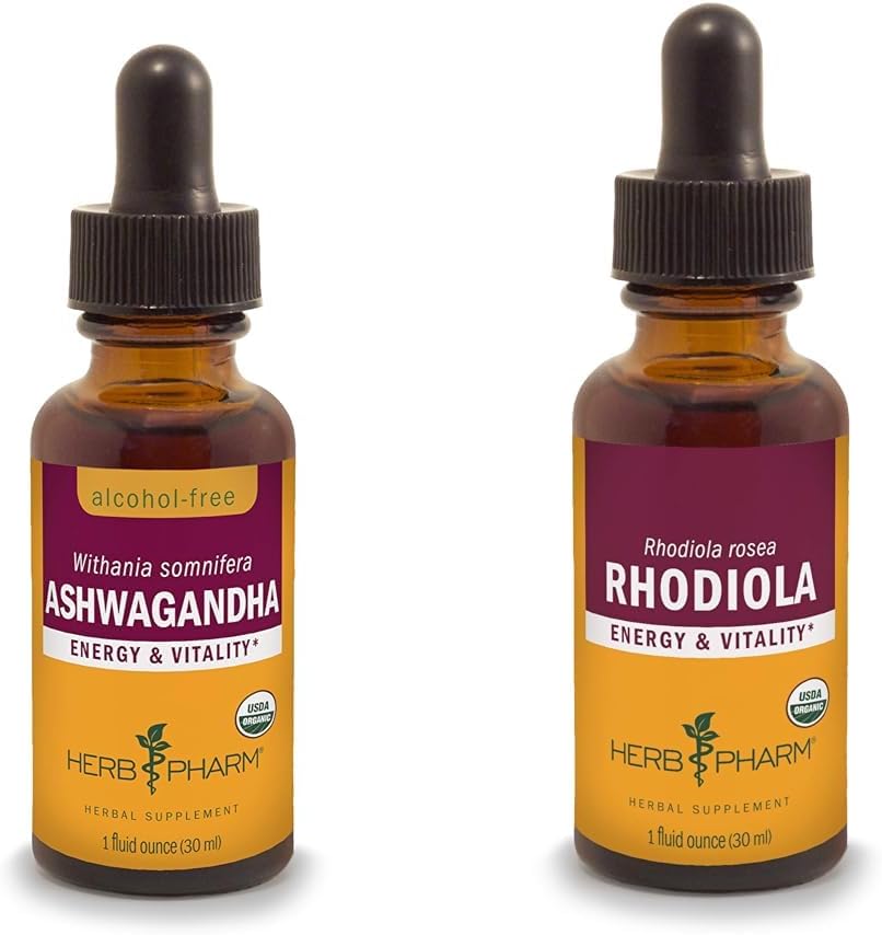 Herb Pharm Ashwagandha & Rhodiola Root Extracts for Energy, Vitality, Endurance & Stamina, Alcohol-Free Glycerite & Organic Cane Alcohol, 1 Oz Each