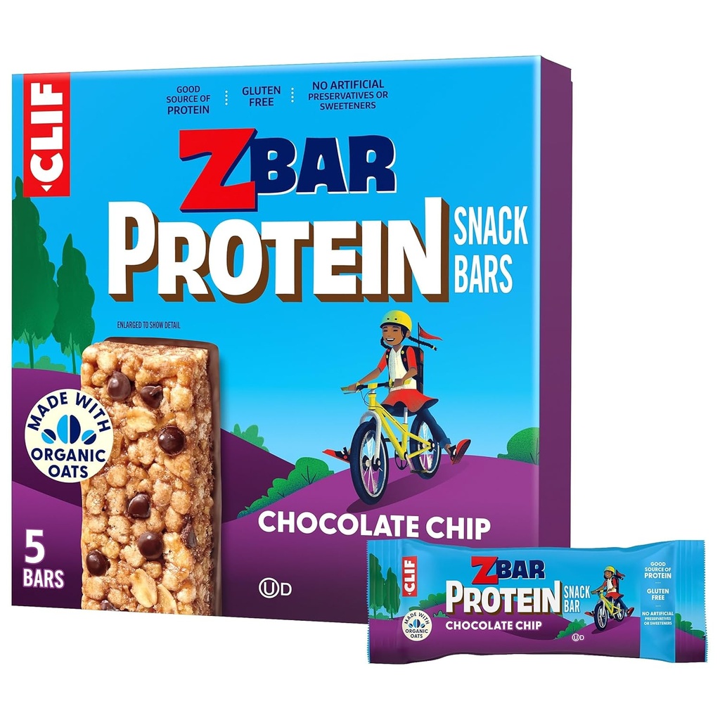 CLIF Kid Zbar Protein - Chocolate Chip - Crispy Whole Grain Snack Bars - Made with Organic Oats - Non-GMO - 5g Protein - 1.27 oz. (5 Pack)
