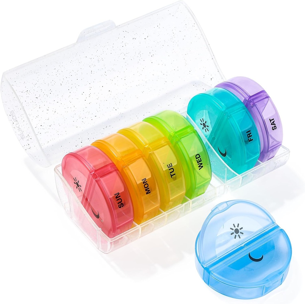 Sukuos Büyük Haftalık Pill Organizer 2 Times a Day, Daily Pill Box 7 Day Easy to Open with Double Protection, AM PM Pill Case for Medicine/Vitamin/Fish Oil /Supplements (Glitter Clear)