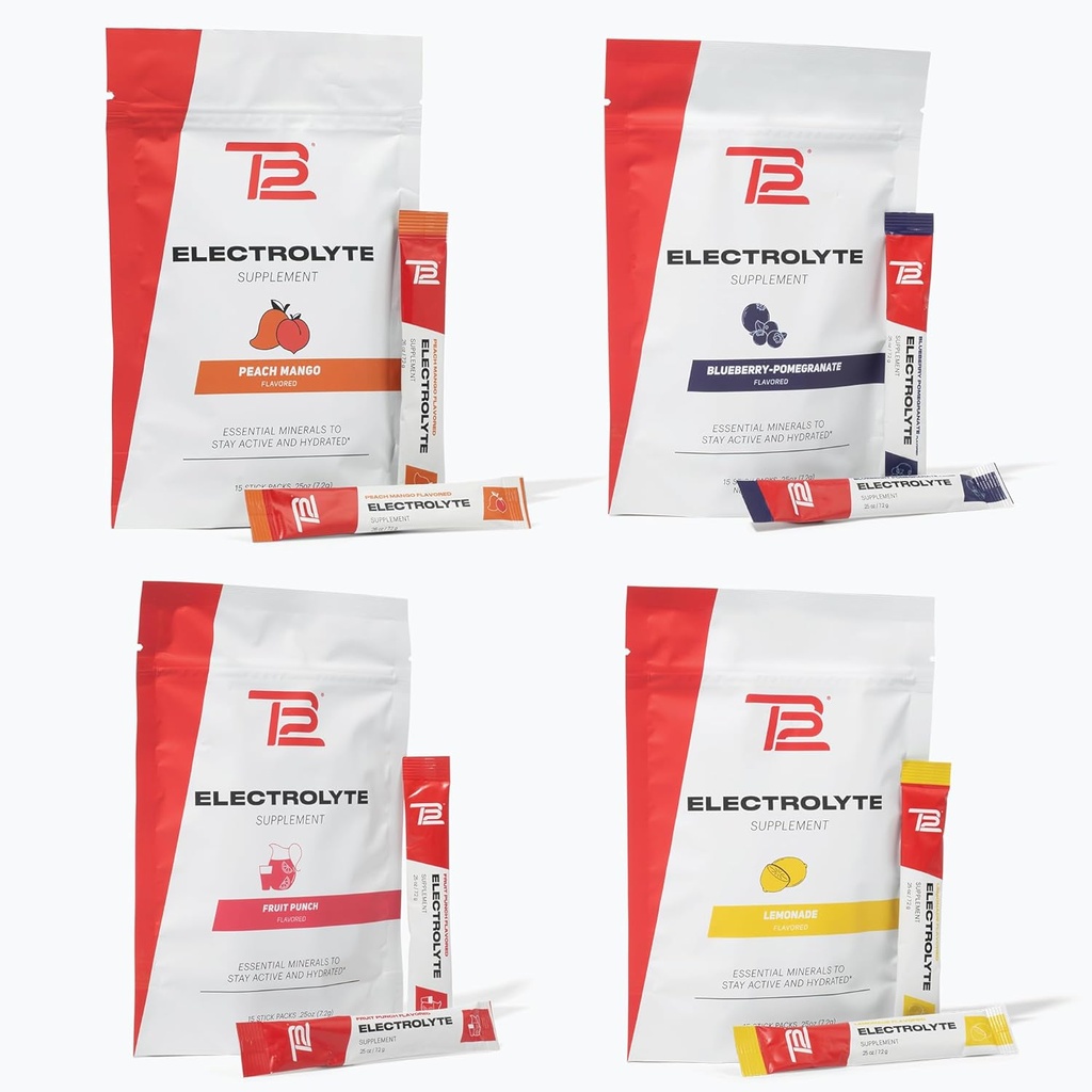 Tom Brady tarafından Hızlı Hydration için TB12 Elektrolyte Toz, 4-Pack Stickpacks (Lemonade, Blueberry Pomegranate, Fruit Punch & Peach), Natural, Easy to Mix. Low Sugar, Low Calorie (60 Hizmet)