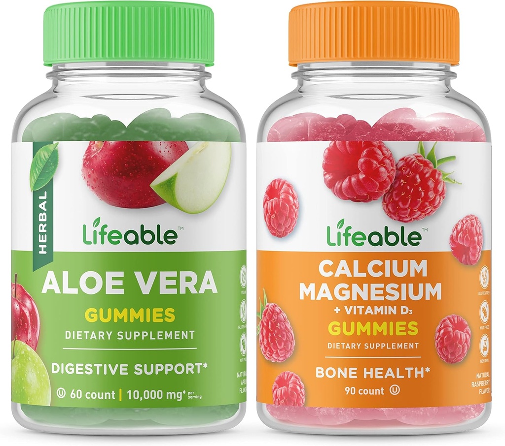 Lifeable Aloe Vera + Calcium Magnesium, Gummies Bundle - Great Tasting, Vitamin Supplement, Gluten Free, GMO Free, Chewable