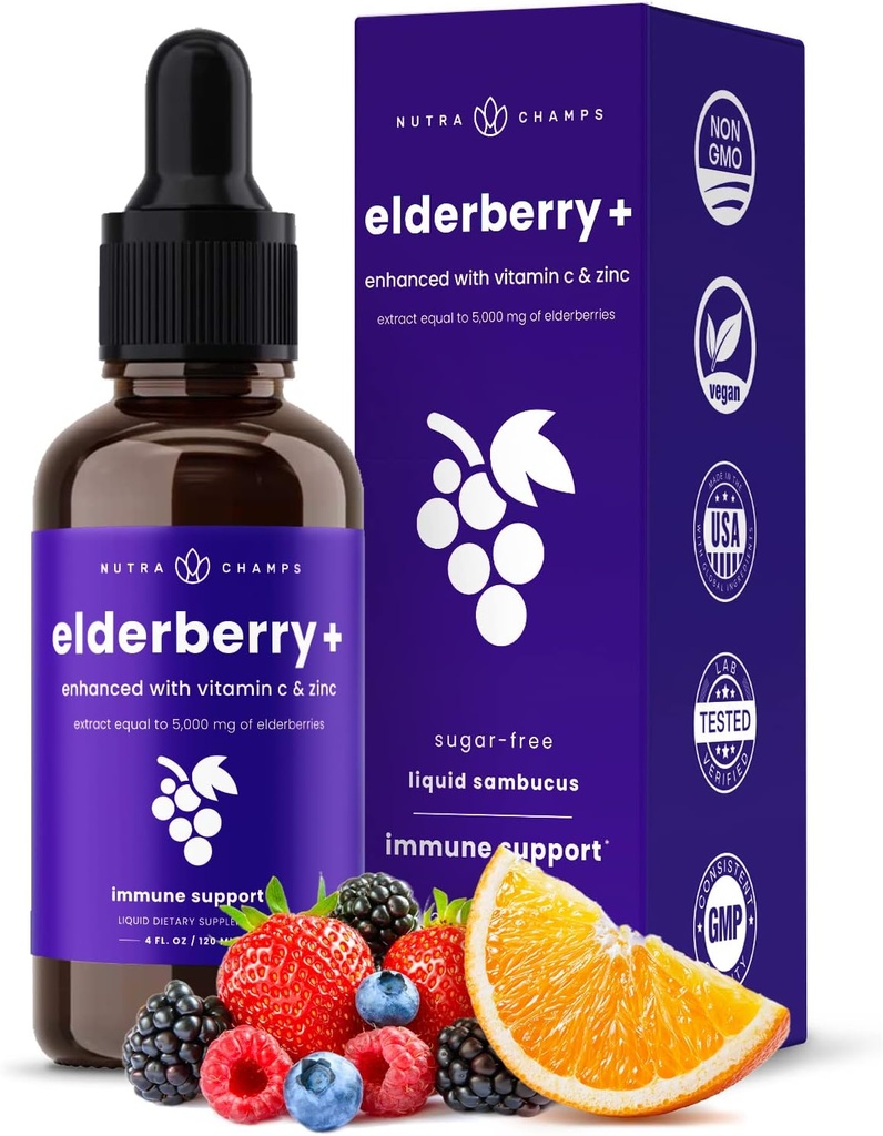 NutraChamps Organic Elderberry Syrup - 5000mg Elderberry Extract with Vitamin C & Zinc - Black Elderberry Liquid Drops - Ανοσία χωρίς ζάχαρη, Vegan, Χωρίς γλουτένη