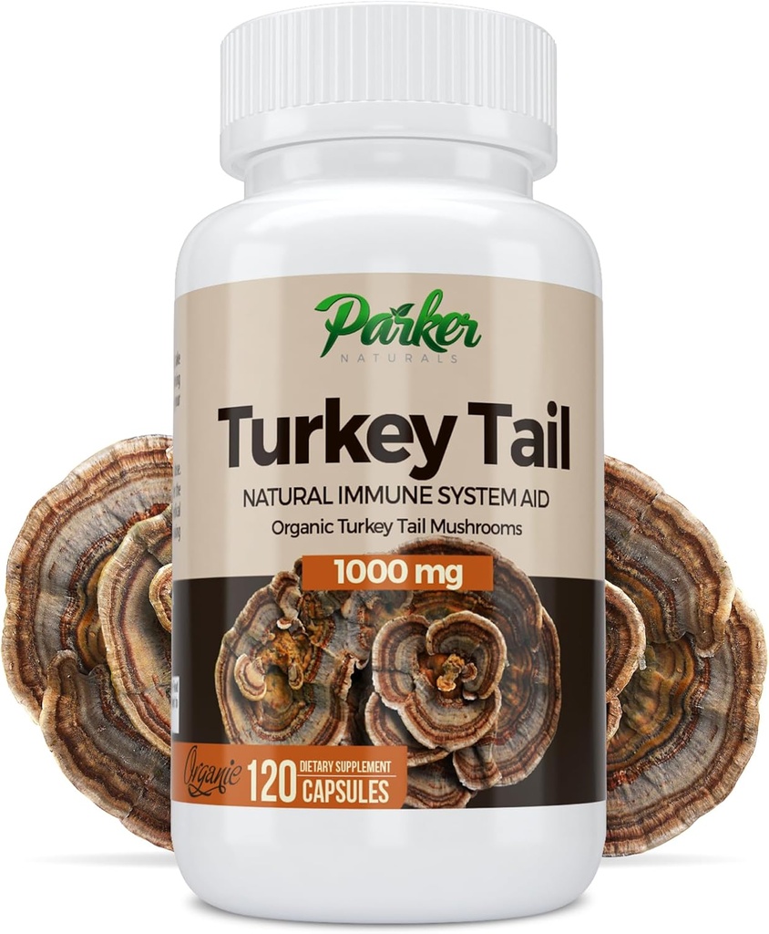 Parker Naturals Turkey Tail Mushroom Capsules - Organik Mushroom Supplement for Immune System Health Support - 1000 mg Premium Mushroom Supplements - 120 Capsules