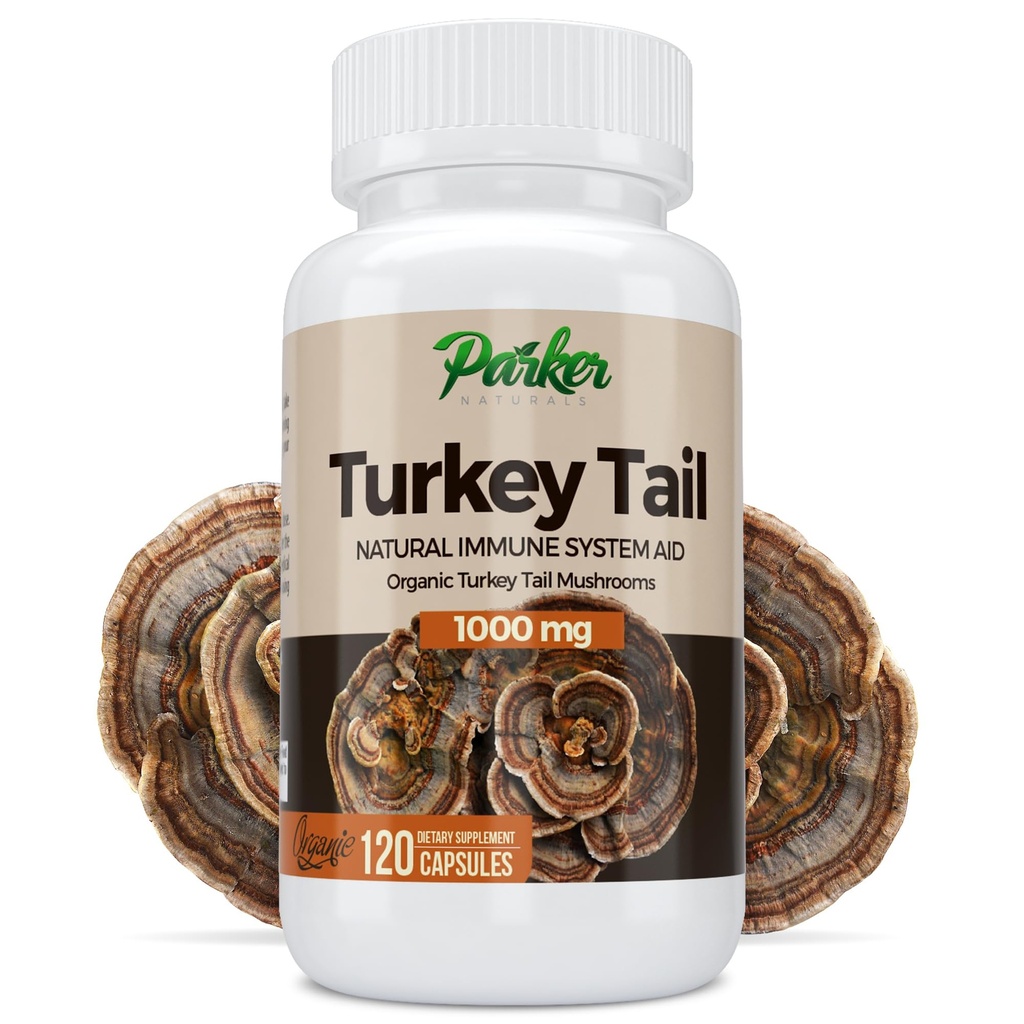 Parker Naturals Turkey Tail Mushroom Capsules - Organik Mushroom Supplement for Immune System Health Support - 1000 mg Premium Mushroom Supplements - 120 Capsules