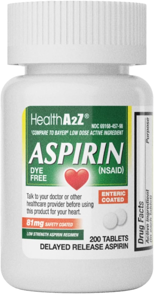 HealthA2Z® aspirin 81 mg | DYE Free | Low Strength | 200 Counts | Pain Relief | Minor Aches Kas Ağrı & Cramps | Ateş Tespiti | Baş Ağrısı | (NSAID)