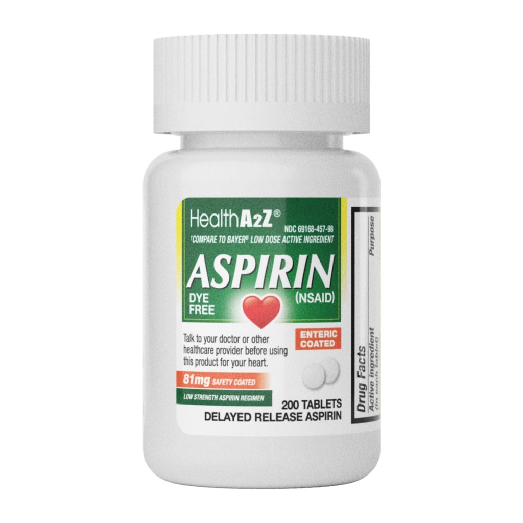 HealthA2Z® aspirin 81 mg | DYE Free | Low Strength | 200 Counts | Pain Relief | Minor Aches Kas Ağrı & Cramps | Ateş Tespiti | Baş Ağrısı | (NSAID)