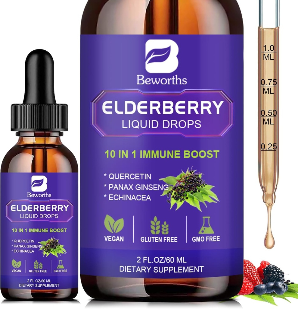 Elderberry Syrup Black Elderberry Drops with Quercetin, Panax Ginseng, C ve çinko, Sambucus Elder Syrup Liquid, Vegan, Non-GMO & Gluten Free