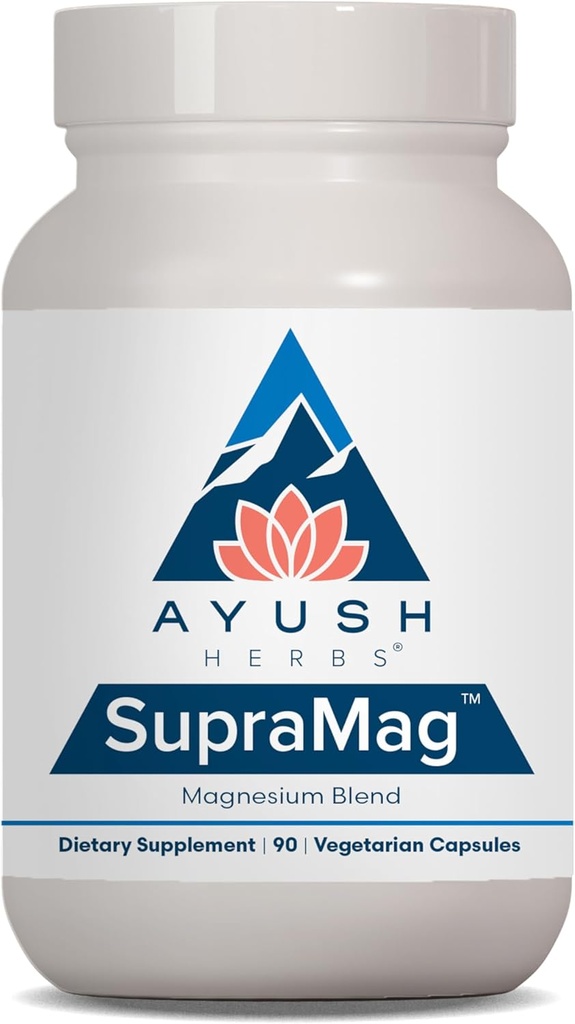 Ayush Herbs SupraMag - Μείγμα μαγνησίου, 400mg Συμπλέγματος μαγνησίου συμπλήρωμα με Χηλικό Διγλυκινικό μαγνήσιο, Κιτρικό, Ορολικό για τον ύπνο, την ενέργεια, & την υγεία του εγκεφάλου - 90 κάψουλες χορτοφάγων (1 Κόμβος)
