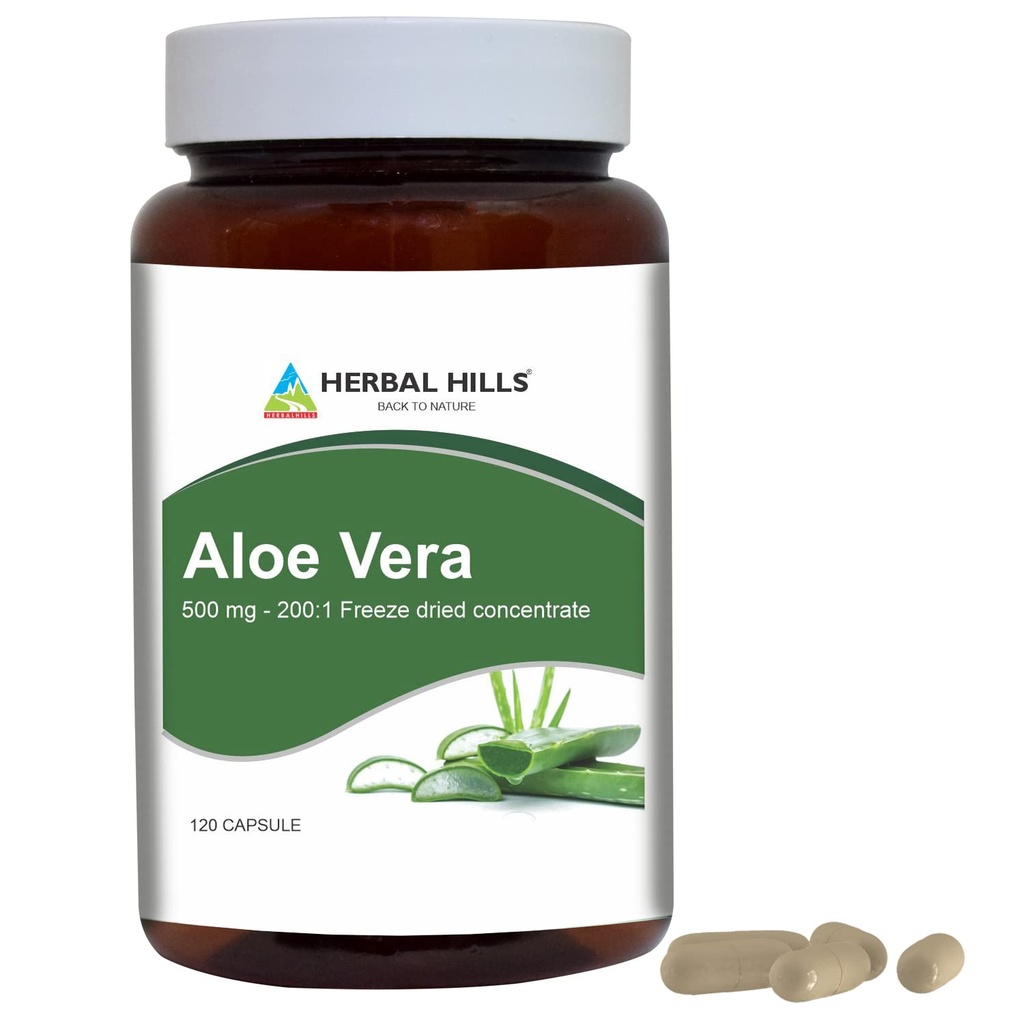 HERBAL HILLS Aloe Vera Capsules (Aloe barbadensis) | 120 Capsules (500 mg) | Pure Aloe Freeze Toz Supplement, High Concentration, Supports General Well-Being