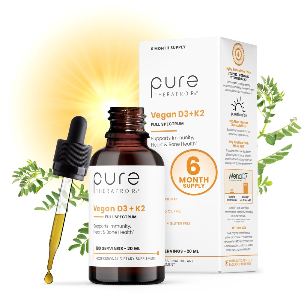 Pure Therapro Rx Vegan D3 + K2 Organik% Liposomal 20 ml ABD'de yapıldı | 6 Ay Supply | Erkekler ve Kadınlar için en büyük Apsiyon Vitamin D3 ve Vitamin K2 Supplements, D3 5000 IU