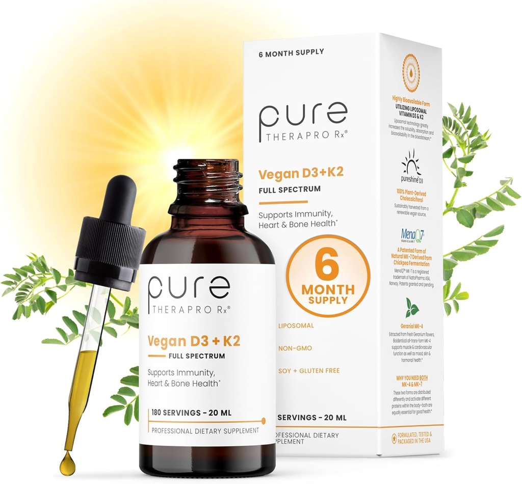 Pure Therapro Rx Vegan D3 + K2 Organik% Liposomal 20 ml ABD'de yapıldı | 6 Ay Supply | Erkekler ve Kadınlar için en büyük Apsiyon Vitamin D3 ve Vitamin K2 Supplements, D3 5000 IU