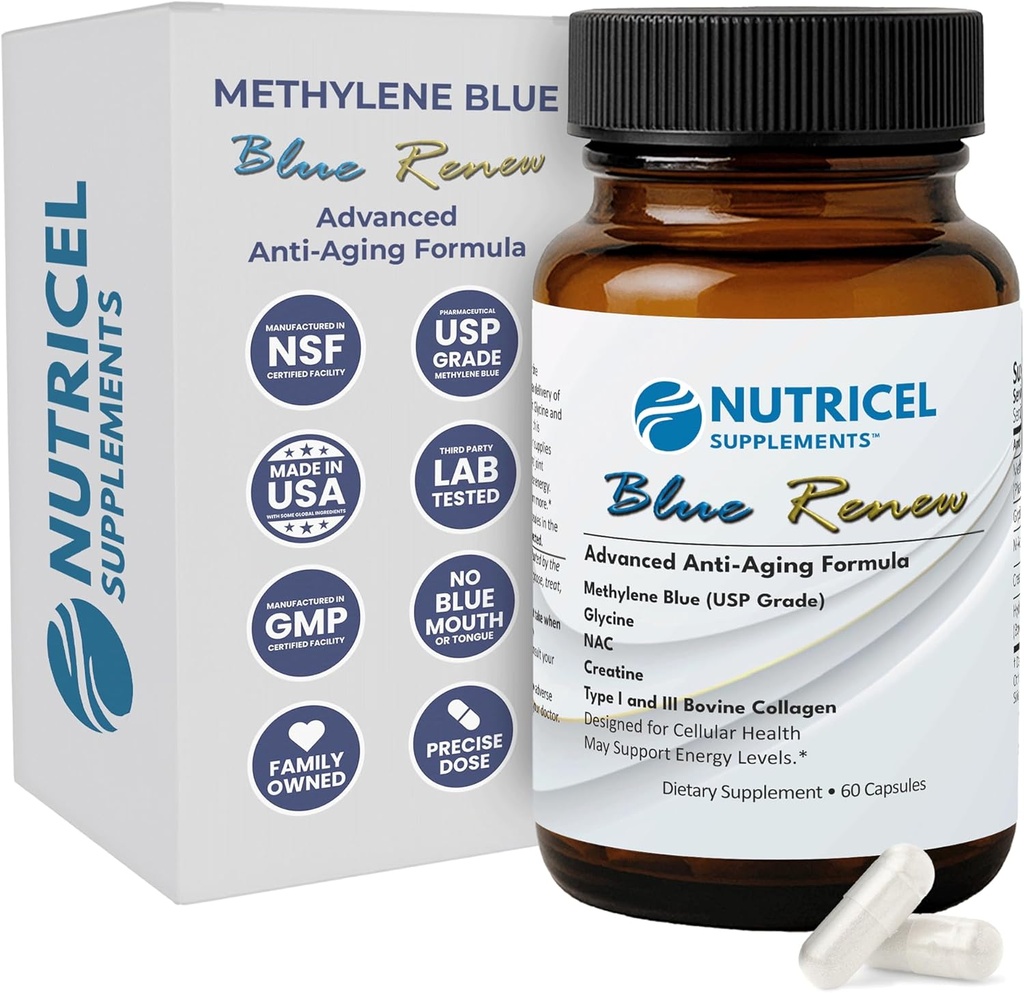 Nutricel Methylene Blue Capsules with Added Glycine + NAC (GlyNAC), Collagen, and Creatine - Trusted Made in America Brand - 7mg (USP Reference Compliant) - Third Party Tested (60ct)